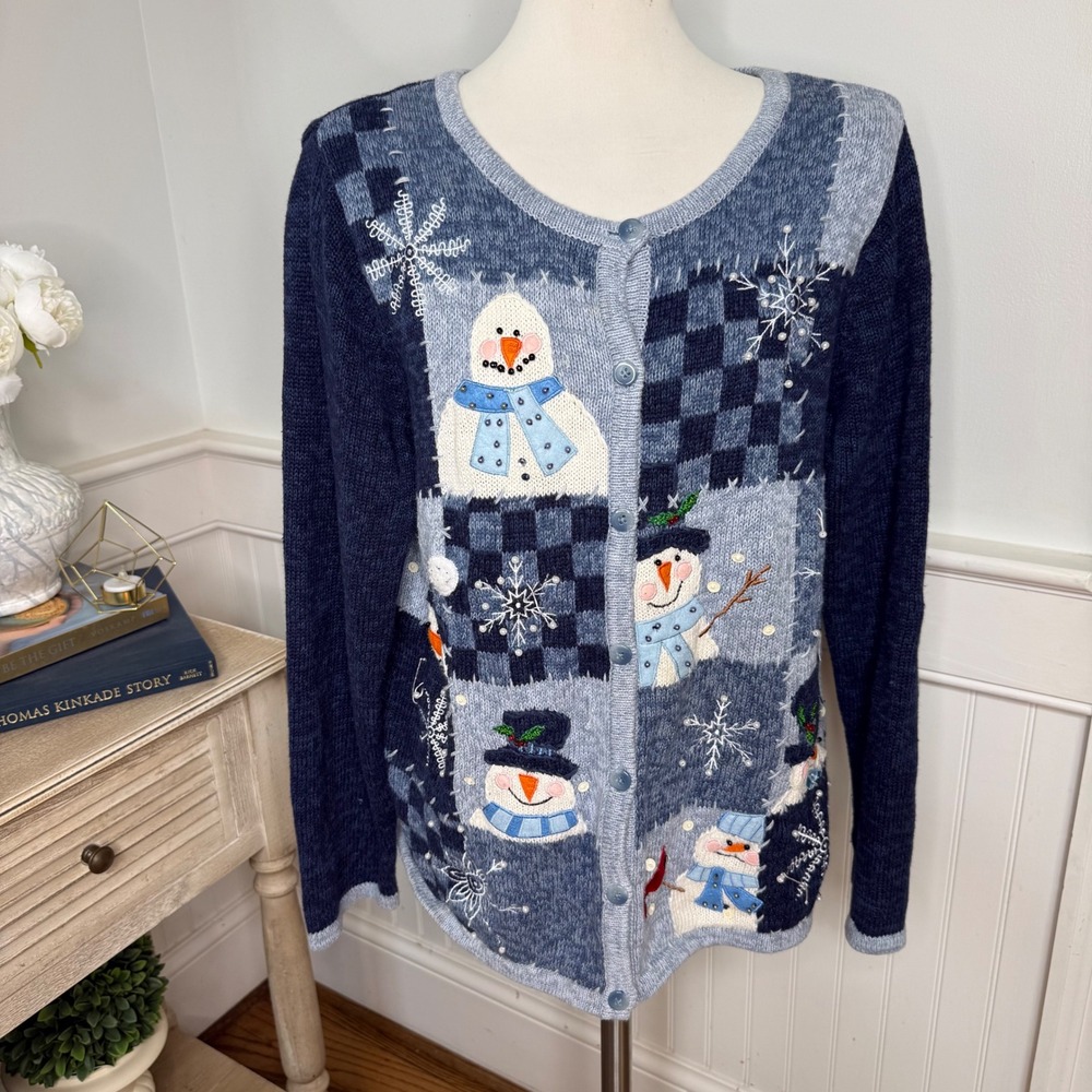 Kim Rogers Womens XL Blue Snowman Patchwork Cardigan Sweater Beaded Holiday